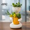 Cute Zen Home Decor Smiling Face Plant Pot, Double Planting Space Planter, Resin Layered Landscaping Planter Sitting Figure Flowerpot for Succulents,