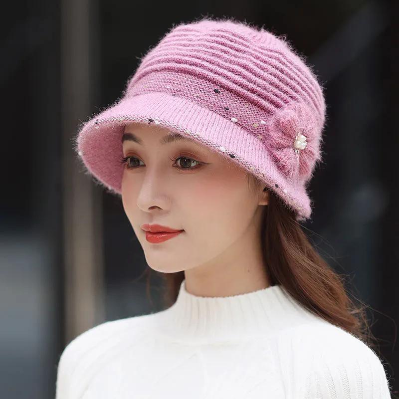 WTEMPO Soft Windproof Casual Warm Knitted Flower Hats Women's Cold-proof Autumn Winter Solid Color Large Size Woolen Hats