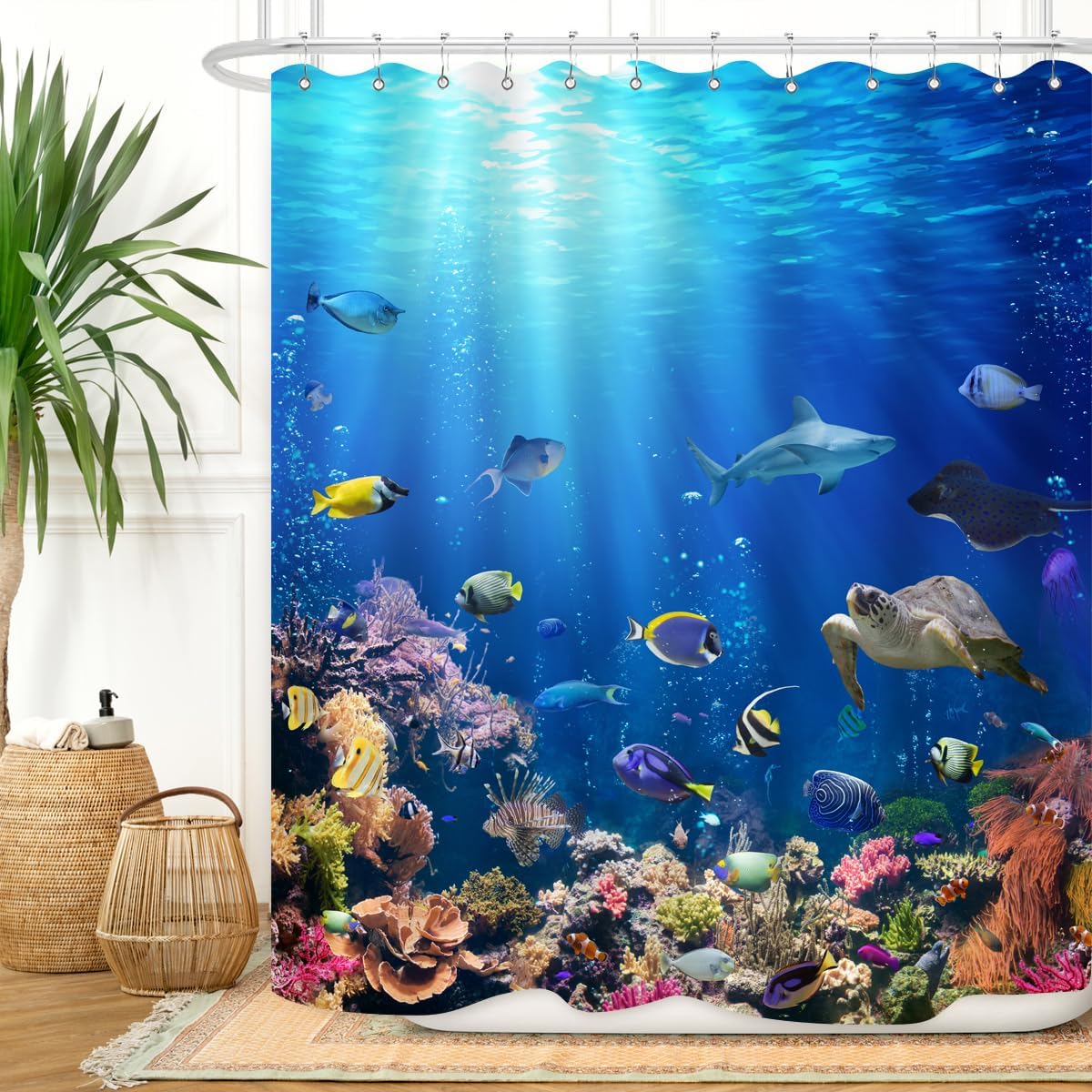 Annier Coral/Blue Ocean Underwater World Shower Curtain Colorful Tropical Fishes Turtle In The Deep Sea Home Dcor Waterproof Fabric