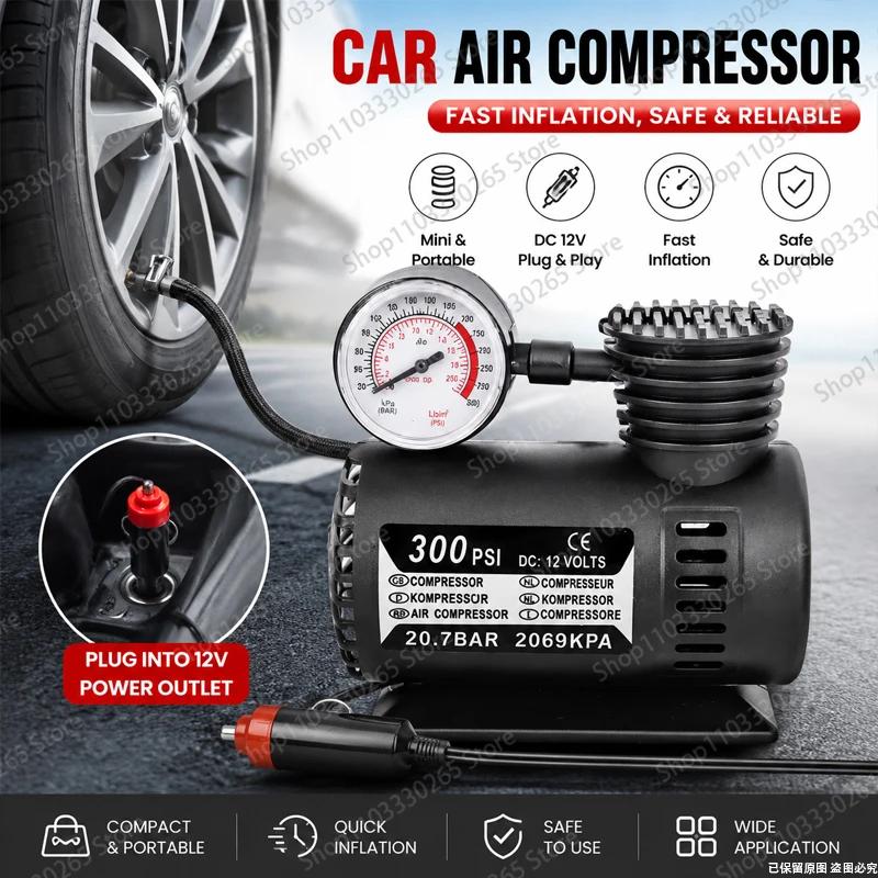 12V DC 300 PSI Car Tire Inflator, Compact Portable Air Compressor Pump with Cigarette Lighter Plug for Emergency Use
