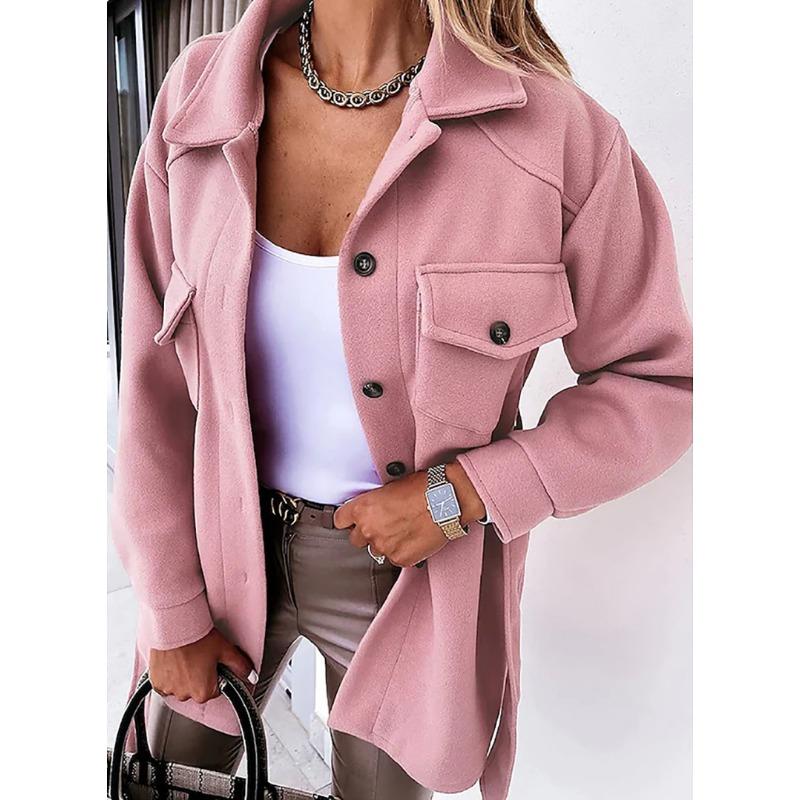 Autumn Winter Long Sleeved Cardigan Women Coats Plus Size Solid Color Casual Loose Simple Lapel Button Woolen Jackets Pockets Lace-up Women's Clothing