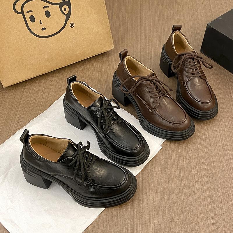 Retro round head thick-soled thick-heeled lace-up single shoes women's 2025 new spring and autumn British style small leather shoes deep-mouth high 