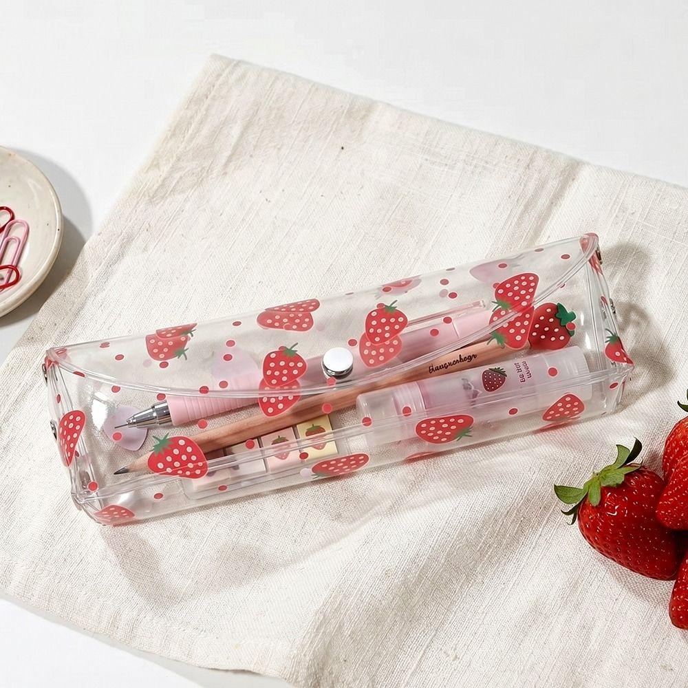 Transparent Pen Bag Strawberry/Cherry Print Stationery Pouch Simple Pencil Pouch Students Gift