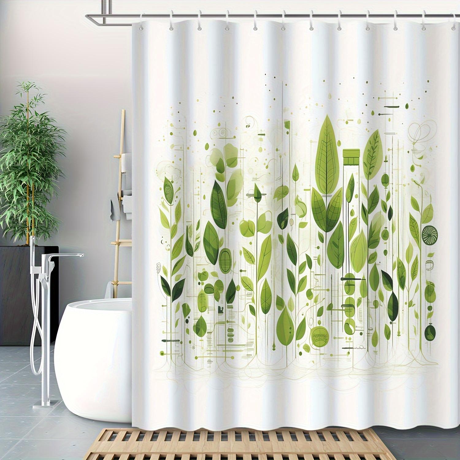 Abstract Botanical Shower Curtain - Water-Resistant Green Plants & Leaves Design,  Machine Washable Bath Decor W90xH180cm