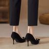 Stiletto High Heels Women's Spring New Rhinestone Bow Pointed Single Shoes Black Soft-soled Leather Shoes
