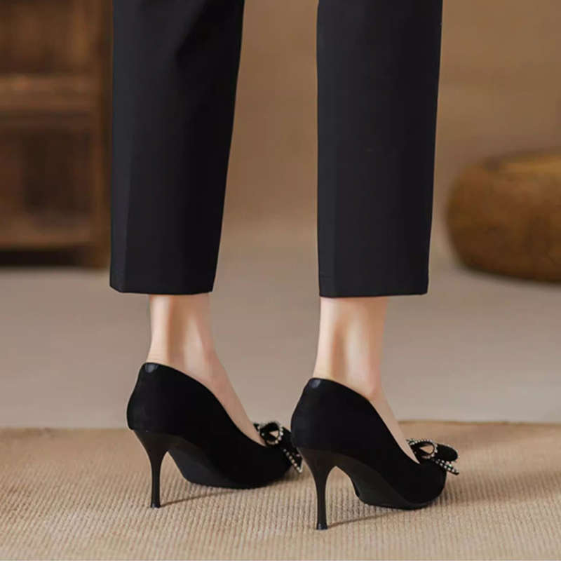 Stiletto High Heels Women's Spring New Rhinestone Bow Pointed Single Shoes Black Soft-soled Leather Shoes