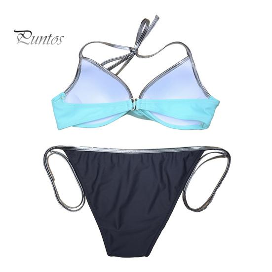 2ks/sada Dámské sexy bikini set Halter podprsenka s výstřihem do V bez rukávů kalhotky set kontrastní barva šněrovací plavky plavky