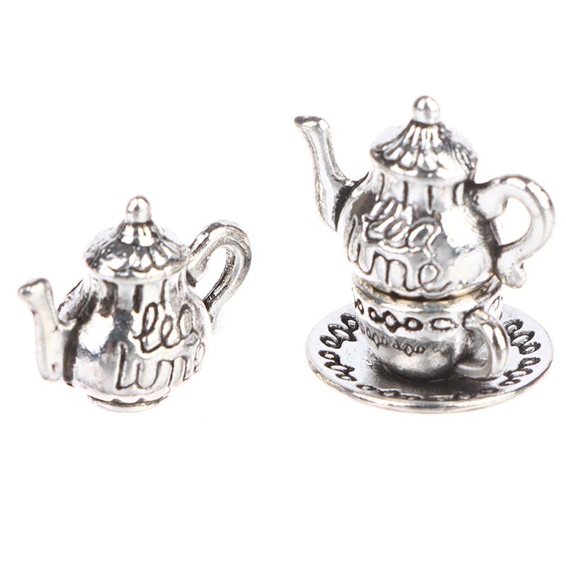 3Pcs 1:12 Dollhouse Miniture Teapot Cup Plate Toy Metal Tea Set Accessories