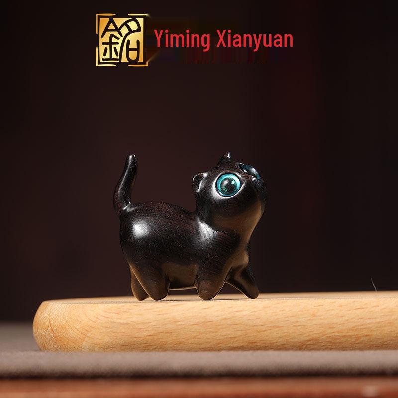 Green Sandalwood Curious Cat Figurine - Cute Creative Wooden Animal Stationery Gift