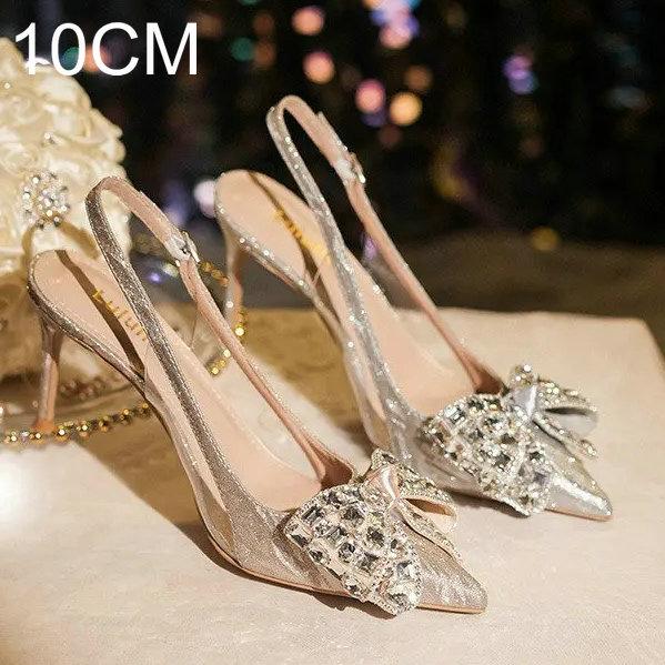 Fashion 2025 New Crystal Wedding Shoes Thin Heel Pointy Baotou Autumn Bride Shoes Fashion Rhine-Diamond Bridesmaid High Heel Sandals