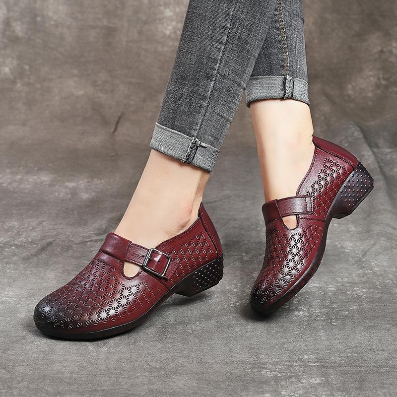 Genuine Leather Women Flat Shoes Thick-soled Loafers Retro Hollow Breathable Designer Shoes  Beef Tendon Soft-soled Women Shoes