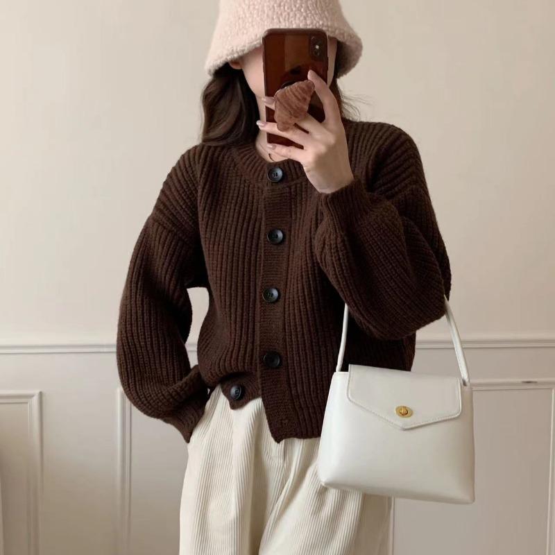 Soft waxy lazy wind round neck single-breasted knitted cardigan women's autumn and winter new loose sweater jacket