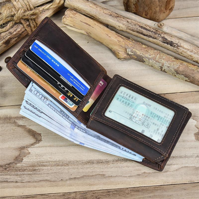 Men'S Leather Short Wallet Crazy Horse Leather Multi-Card 20% Fold Wallet First Layer Cowhide Wallet