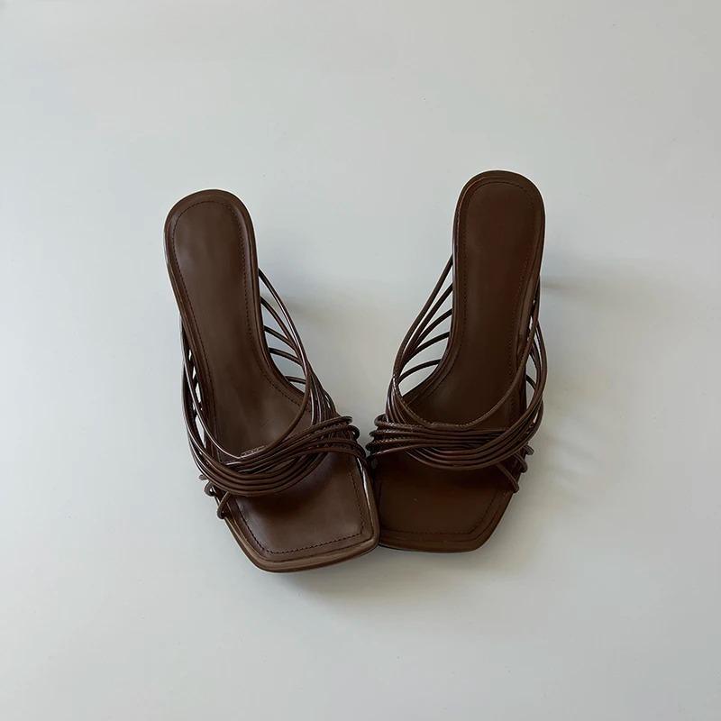 2025 New Summer Concise Narrow Band Women Slippers Fashion Thin Heels Party Pumps Mules Slide Shoes