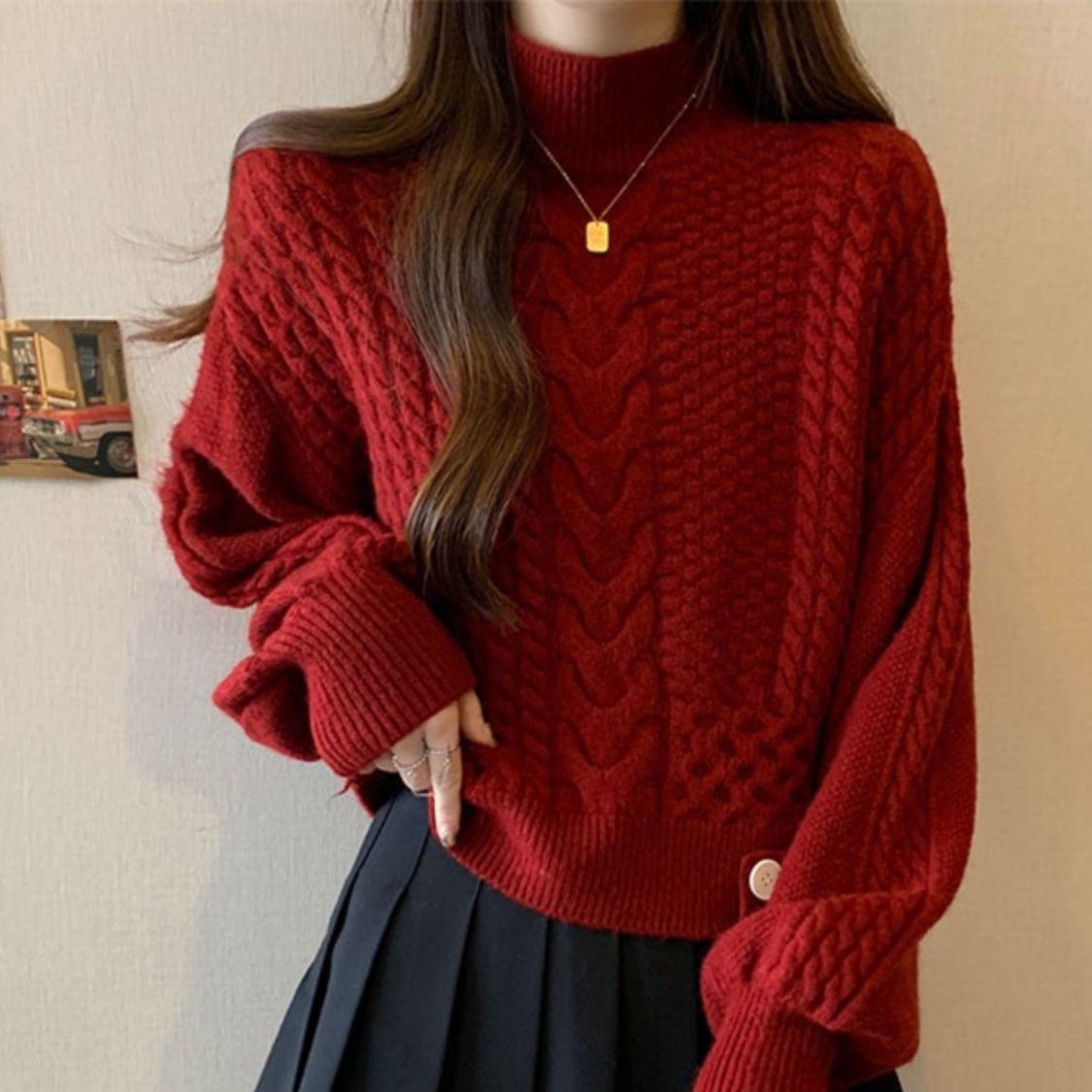 

Женский вязаный свитер с полувысоким воротом и рукавами-фонариками в стиле ленивой вязки для осени и зимы S красный