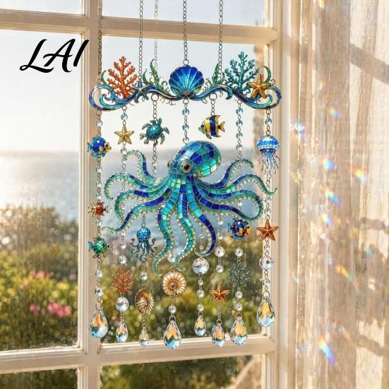 Balcony Hanging Decor Ocean-Themed Wind Chime Decoration Animal Sun Catcher with Faux Crystal Drops Tropical Fish Garden Decoration Stained