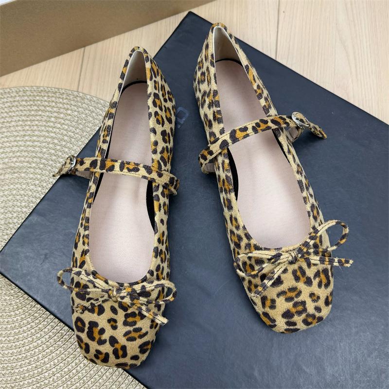 Fashion Flat Shoes for Women Suede Square Toe 2025 Spring and Autumn New Bow Flat Bottom Mary Jane Shoes Plus Size Women's Shoes 43 44