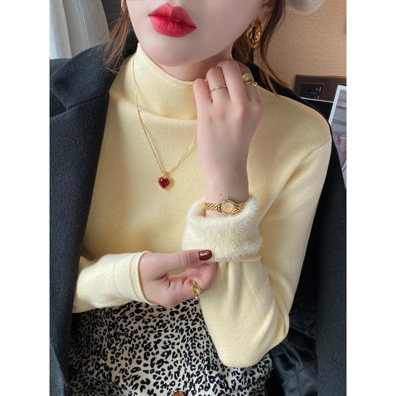 

Semi-turtleneck bottoming shirt women s autumn and winter inner sweater new knitted plush thickened thermal top One size fits all [recommended 80-60kg] жёлтый