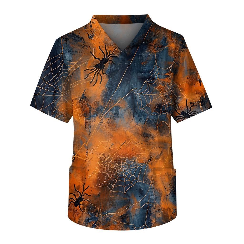 Men's Short Sleeve V-Neck Halloween Print Chest Pocket Care Top