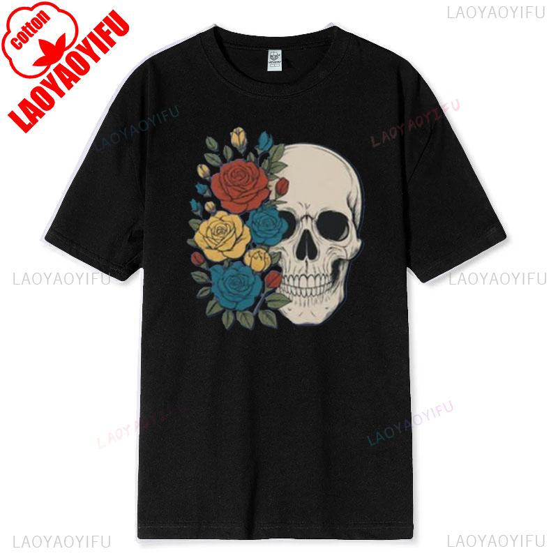 Skull Rose Vintage TShirt Floral Skeleton Cotton Short Sleeve Summer Casual Tee Gothic Boho Style Women Graphic Top Gift