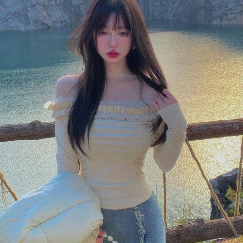 2KWEIRD Coquette Beige Crop T-shirts Women Y2k Fairycore Ruffles Mesh Patchwork Long Sleeve Tops Korean Style Slim Corset Tees