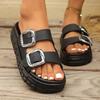 Metal Buckle Decor Flat Sandals Women Plus Size Thick Sole Chunky Platform Slippers 2025 Summer Comfort Non Slip Beach Slides