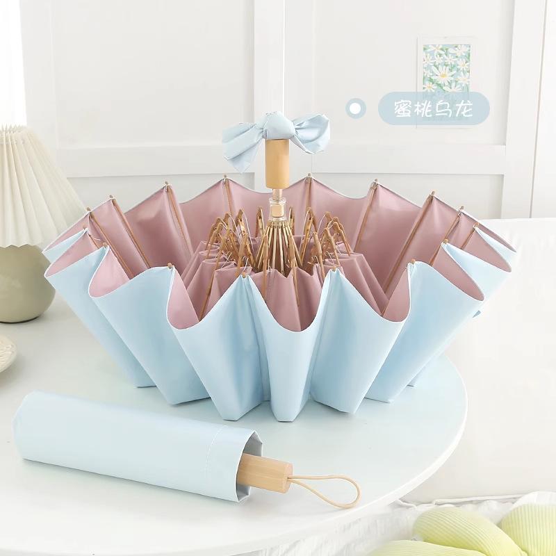 High-value solid color 16 fracture stacked umbrella, retro national wind umbrella, manual umbrella, UV protection, sun and rain protection