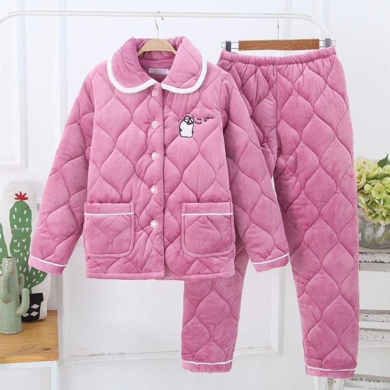 Thickened pajamas women's winter three-layer coral fleece padded cotton can be worn outside, plus sweet loungewear set