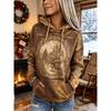 Retro Distressed Xmas Village Scene Antique Frame Full Print Women Fleece Hooded Sweatshirt Long Sleeve Pocket Loose Pullover
