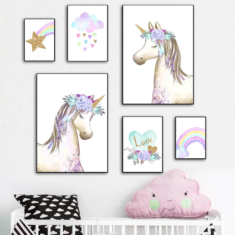 Unicorn Cloud Rainbow Wall Art Canvas Painting Nursery Posters And Prints Wall Pictures Baby Kids Room Décor No Frame