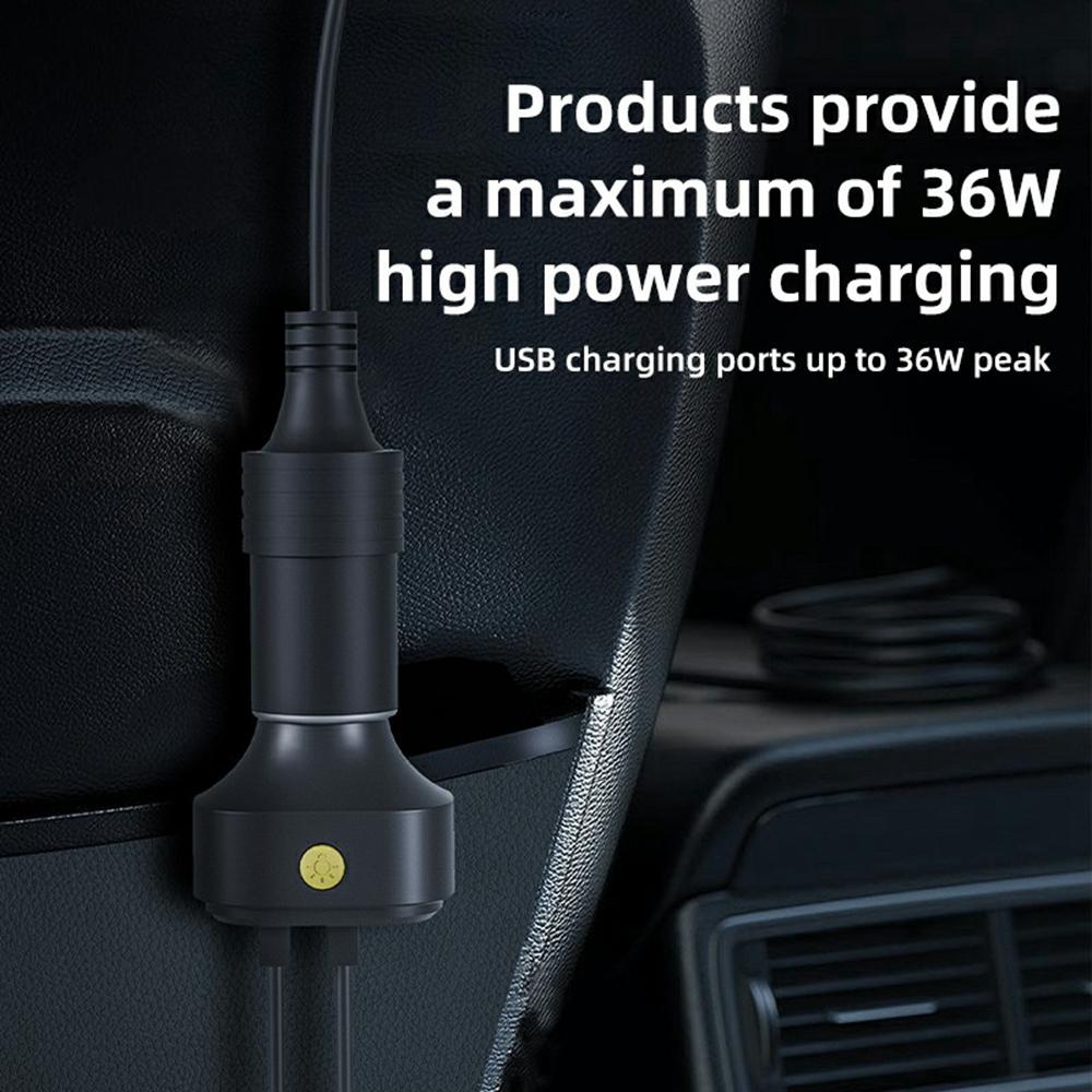 YQ9 Type-C + Dual USB Car Front Rear Seat Cigarette Lighter Charger for 12-24V Vehicles