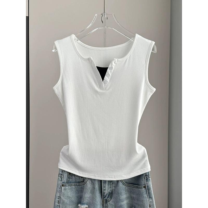 

Womens Solid Color Fake Two Piece Button Sleeveless Tank Top M белый