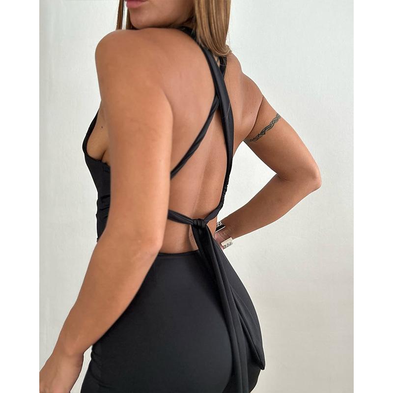 Sexy Women Uniform Deep V Neck Erotic Summer Slim Backless Seductive One-piece Halter Dress Nightclub Black Party Mini Dresses