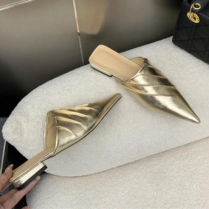 Fashion Elegant Women Slippers Pointed Toe Heels Mules Shoes Fashion Women's Sandals 2025 Summer Brand Flip Flops Luxury Mujer Zapatos