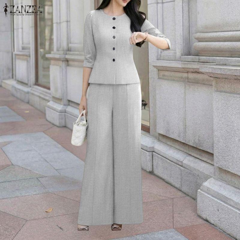 ZANZEA Completo casual da donna con camicetta e pantaloni a maniche 3/4, in due pezzi