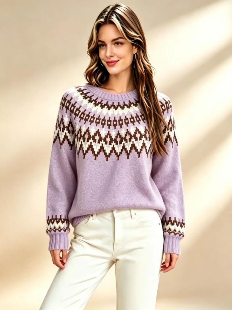 2026 Autumn and Winter Retro Fair Island Jacquard Crew Neck Sweater Women's Loose Lazy Soft Waxy Knitted Sweater Jumper