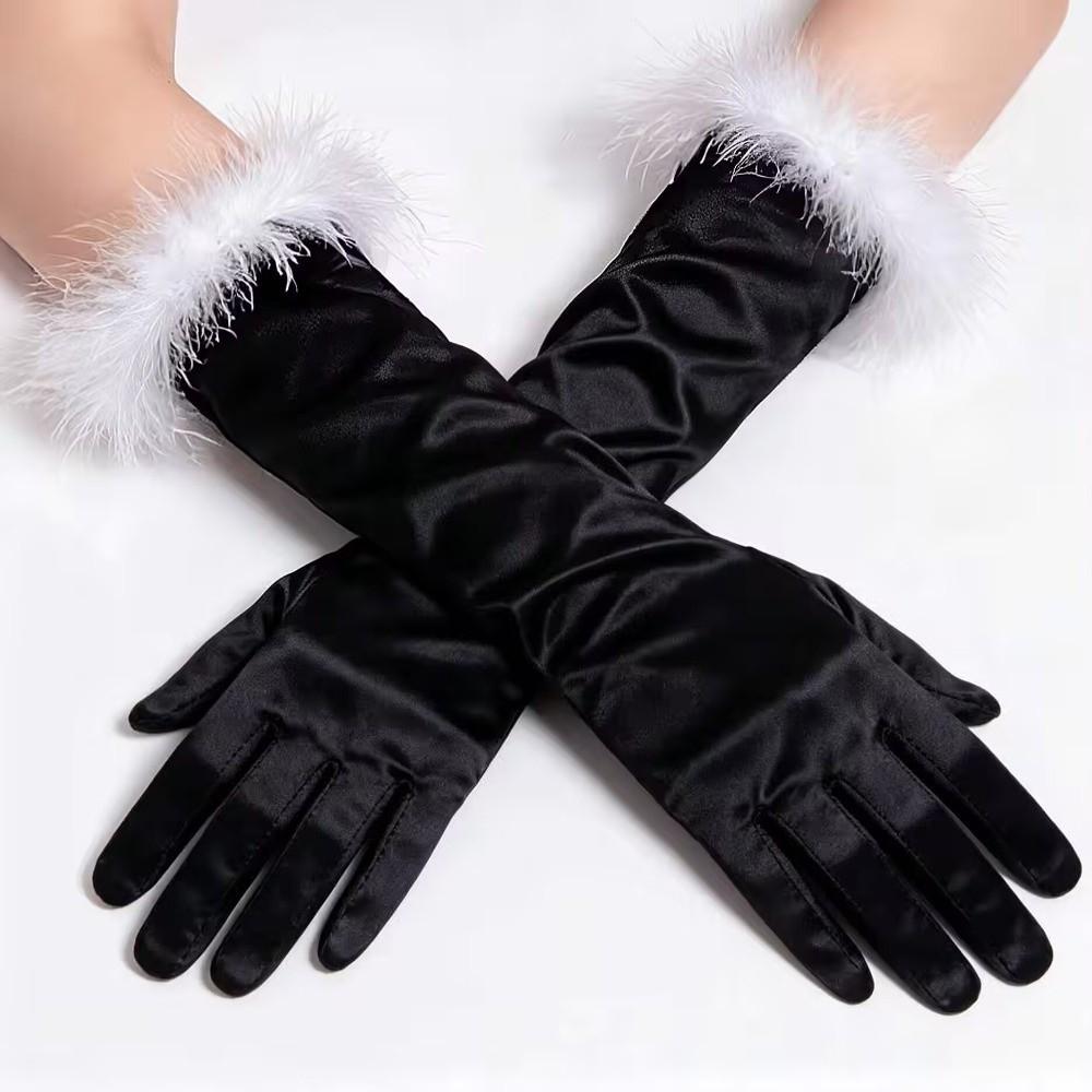 Elbow Length Satin Long Gloves Feather Trim Elbow Length Gloves Feather Trim Gloves Cosplay