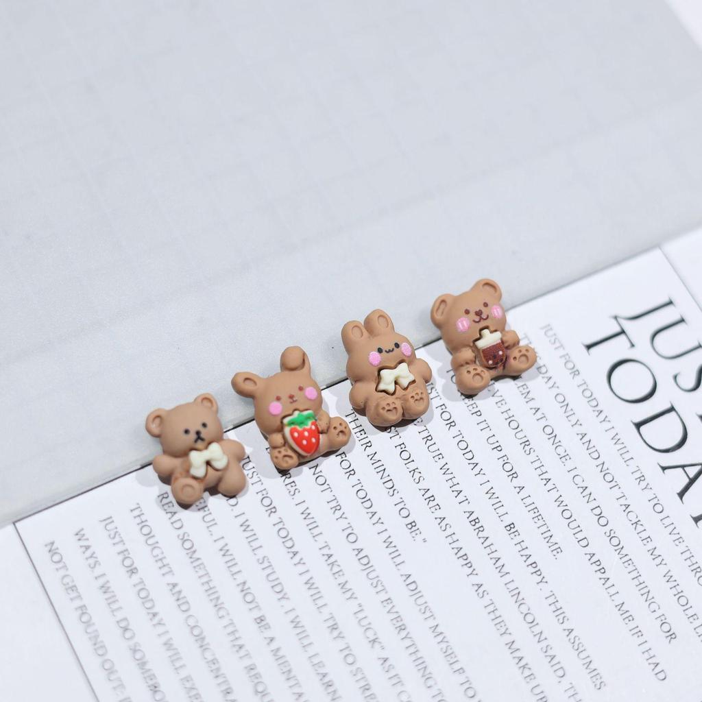 Cartoon Little Bear & Rabbit Resin Ornaments: Beige Milk Tea Phone Case & DIY Hair Accessories
