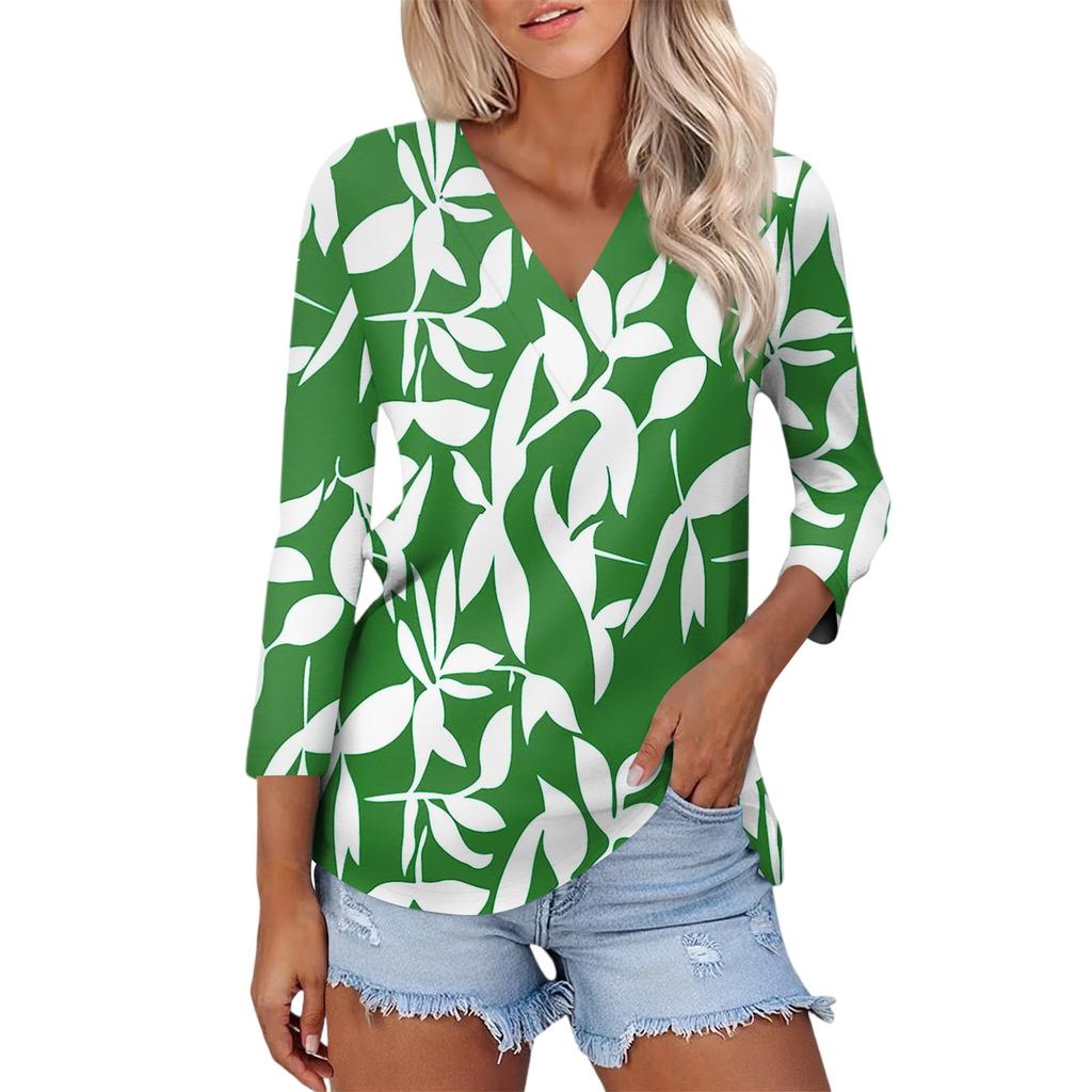 Women's Casual Fashion Sexy Comfortable V-neck Floral, Plaid Three-quarter Sleeve Top