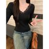 Lace Splicing V-neck Long-sleeved T-shirt Women's Autumn and Winter Bottoming Shirt Design Sense Chic Pure Desire Wind Slim and Thin Top Spring