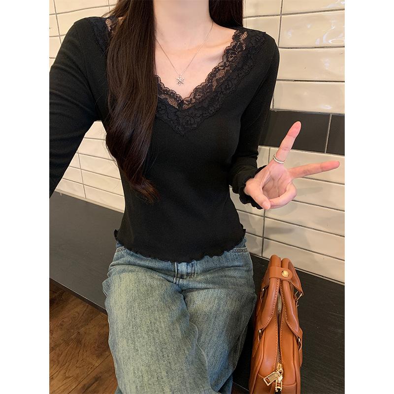 Lace Splicing V-neck Long-sleeved T-shirt Women's Autumn and Winter Bottoming Shirt Design Sense Chic Pure Desire Wind Slim and Thin Top Spring