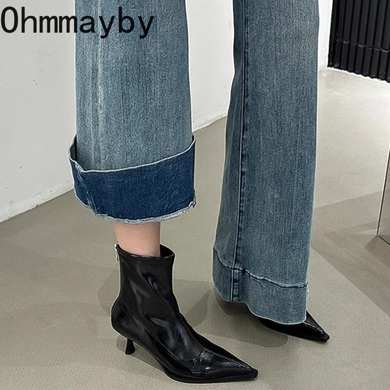 Street Style Spitzschuh Schmal Damen Stiefeletten Mode Dünne Absätze Schuhe Weiblich Modern Kurze Stiefeletten