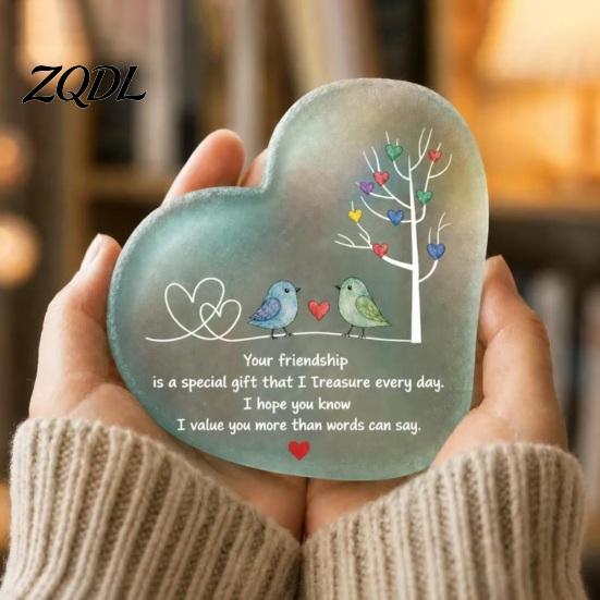 Healing Style Bird Pattern Ornament Heart Shape Acrylic Friendship with Engraved Verse & Tree, Desktop Appreciation Gifts for Long Distance Friend Art