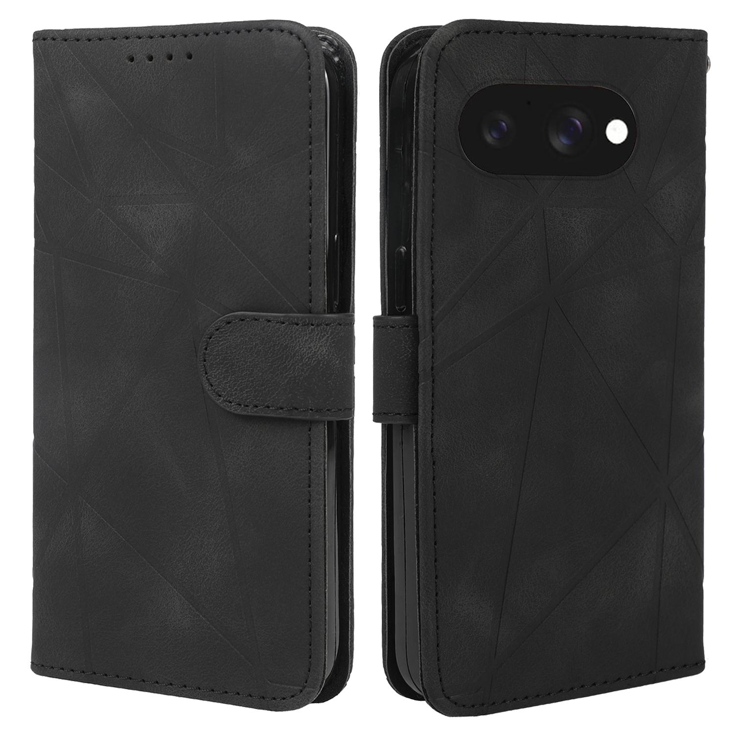 

For Google Pixel 9a Stand Case Line Pattern Leather Phone Cover Black