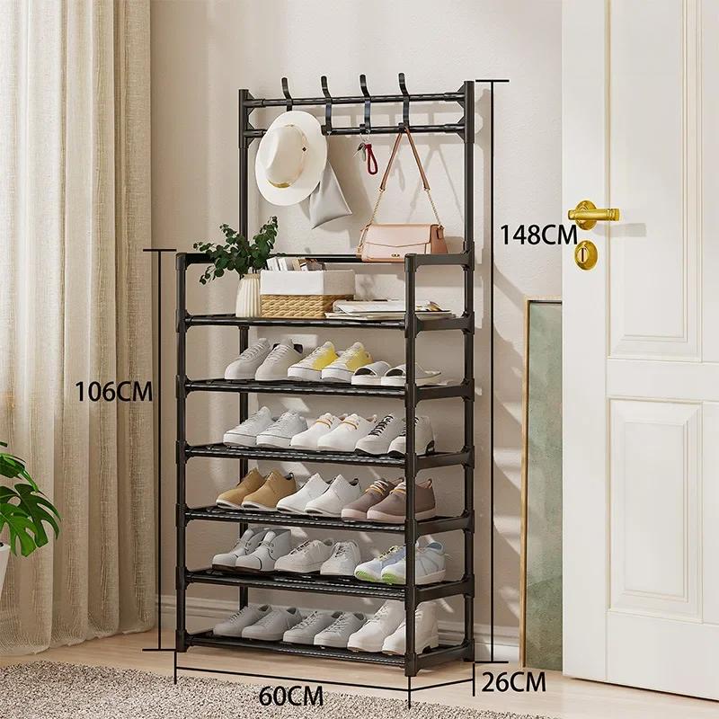 Shoe and Hat Rack Floor Standing with Hooks Metal Integrated Rack Multi-storey Large Capacity Living Room Household Shoe Cabinet