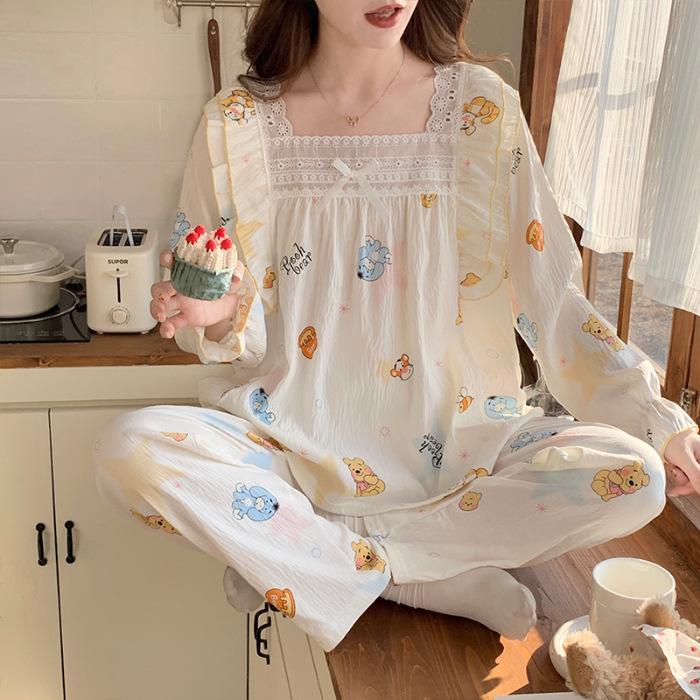 Sweet Polka Dot Lace Trim Princess Pajama Set for Women - Long Sleeve