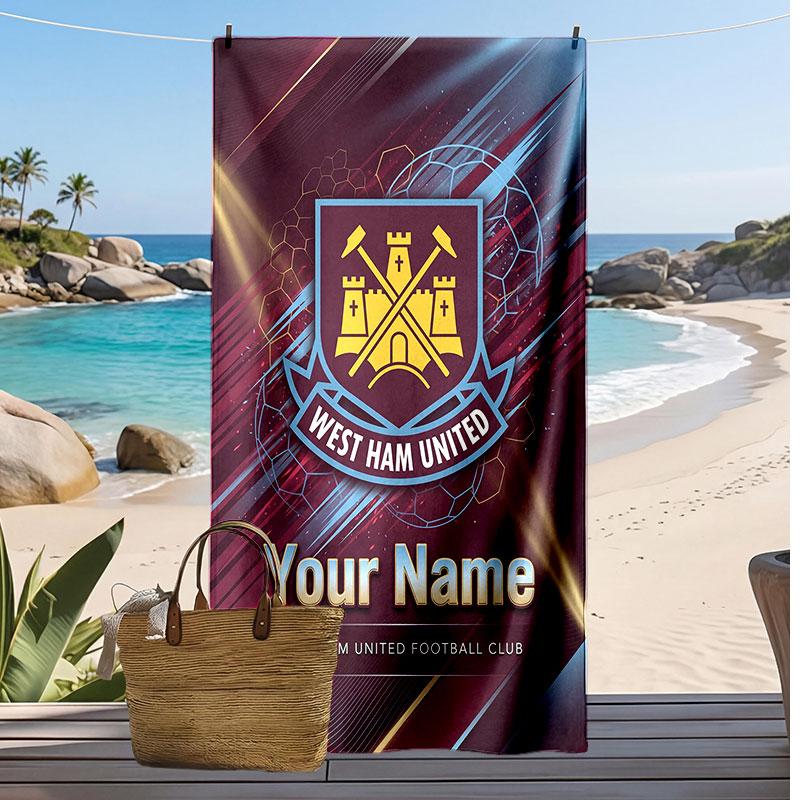 West Ham United FC Personalized Printed Beach Towel Soccer Logo Support Custom Name Text Absorbent Towel For Sport Travel Special Gift