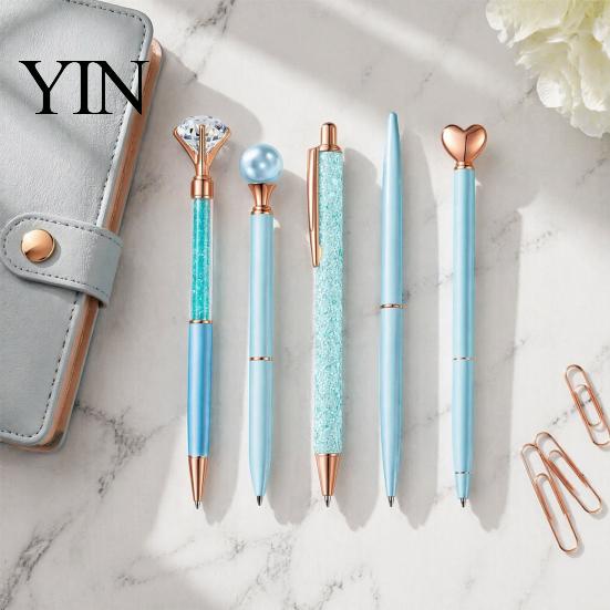 Refillable Metal Ink Pen 5PCS Diamond Ballpoint Pens, with Sparkling Rhinestone Decor, Smooth Press Mechanism Writing Pen, for Kids Adults Stationery