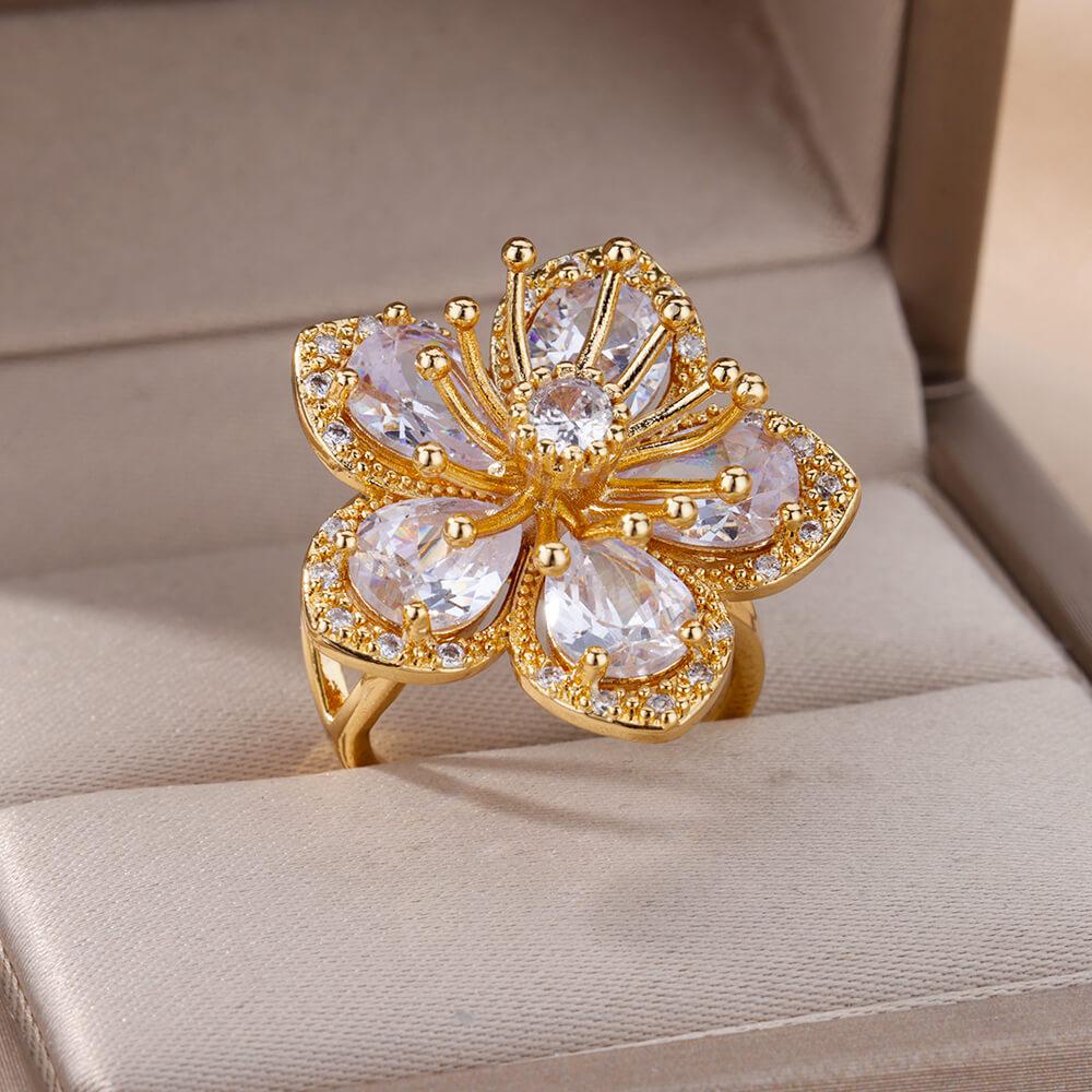 Stainless Steel Blue Zircon Flower Ring For Women Open Adjustable Flower Ring Wedding Aesthetic Jewelry Gift bijoux femme