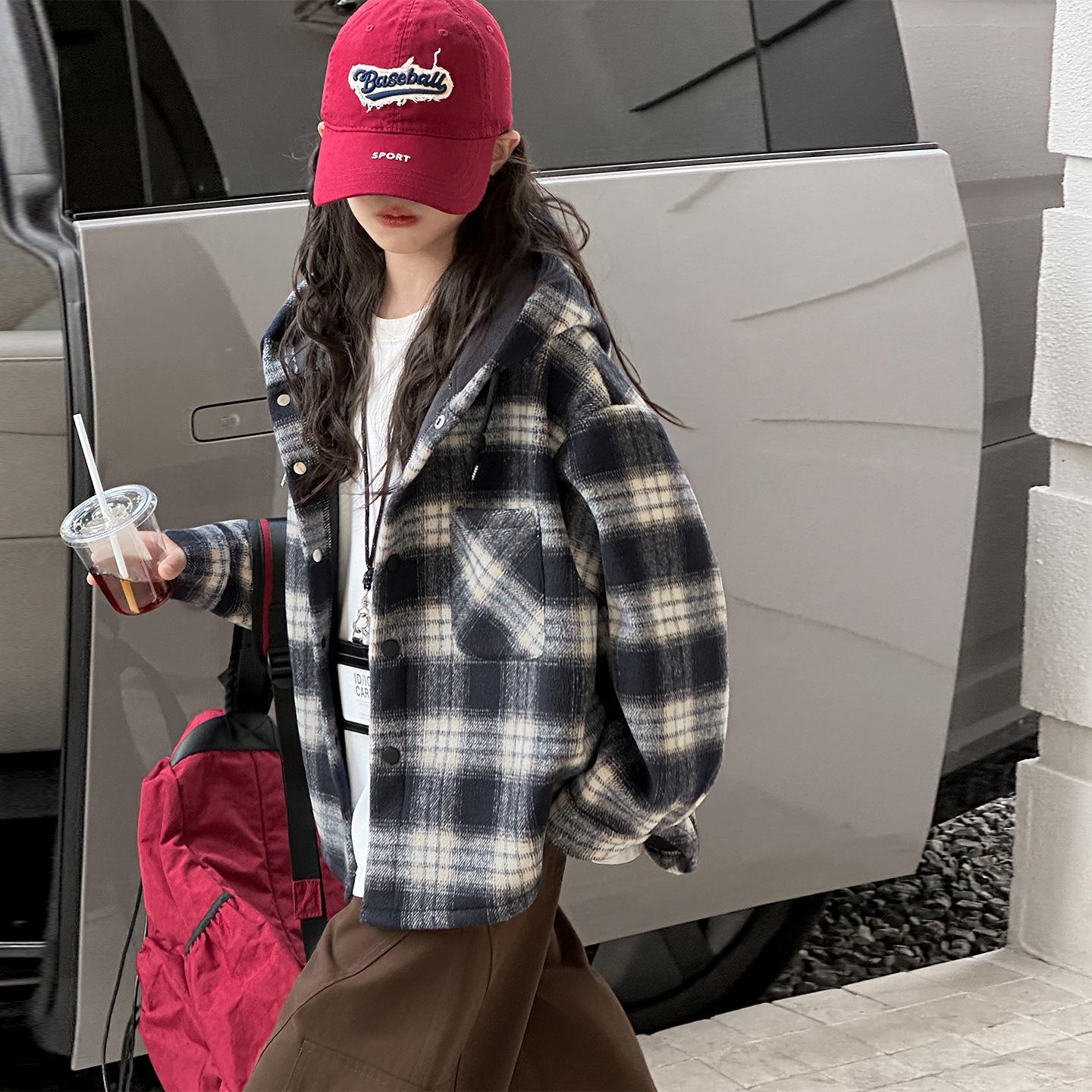 

Пальто-худи в клетку для девочек на флисовой подкладке - Тренд Осень/Зима 2025 для детей среднего и старшего возраста 170 cm темно-синий